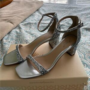 Badgley Mischka Silver Glitter Block Heels